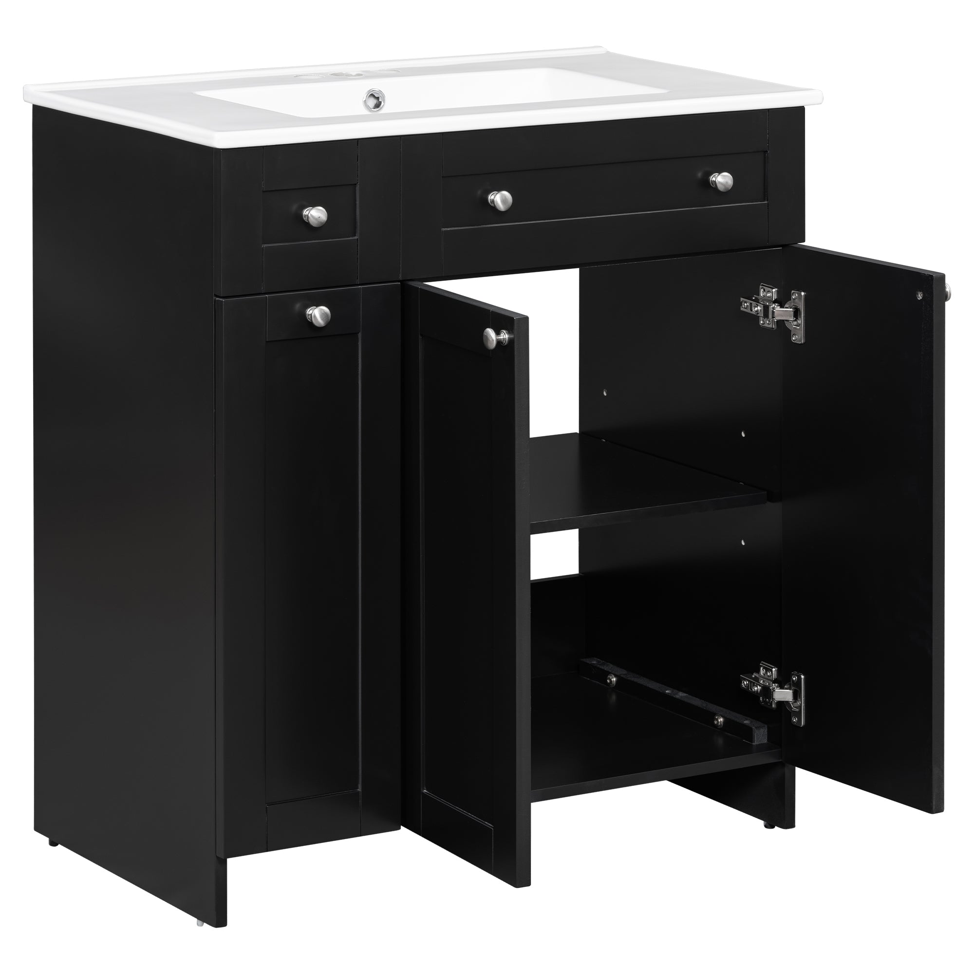 30-Inch Black Bathroom Vanity with Ceramic Sink Combo, Abundant Storage Cabinet - 2 Soft-close Doors and Double-tier Deep Drawer