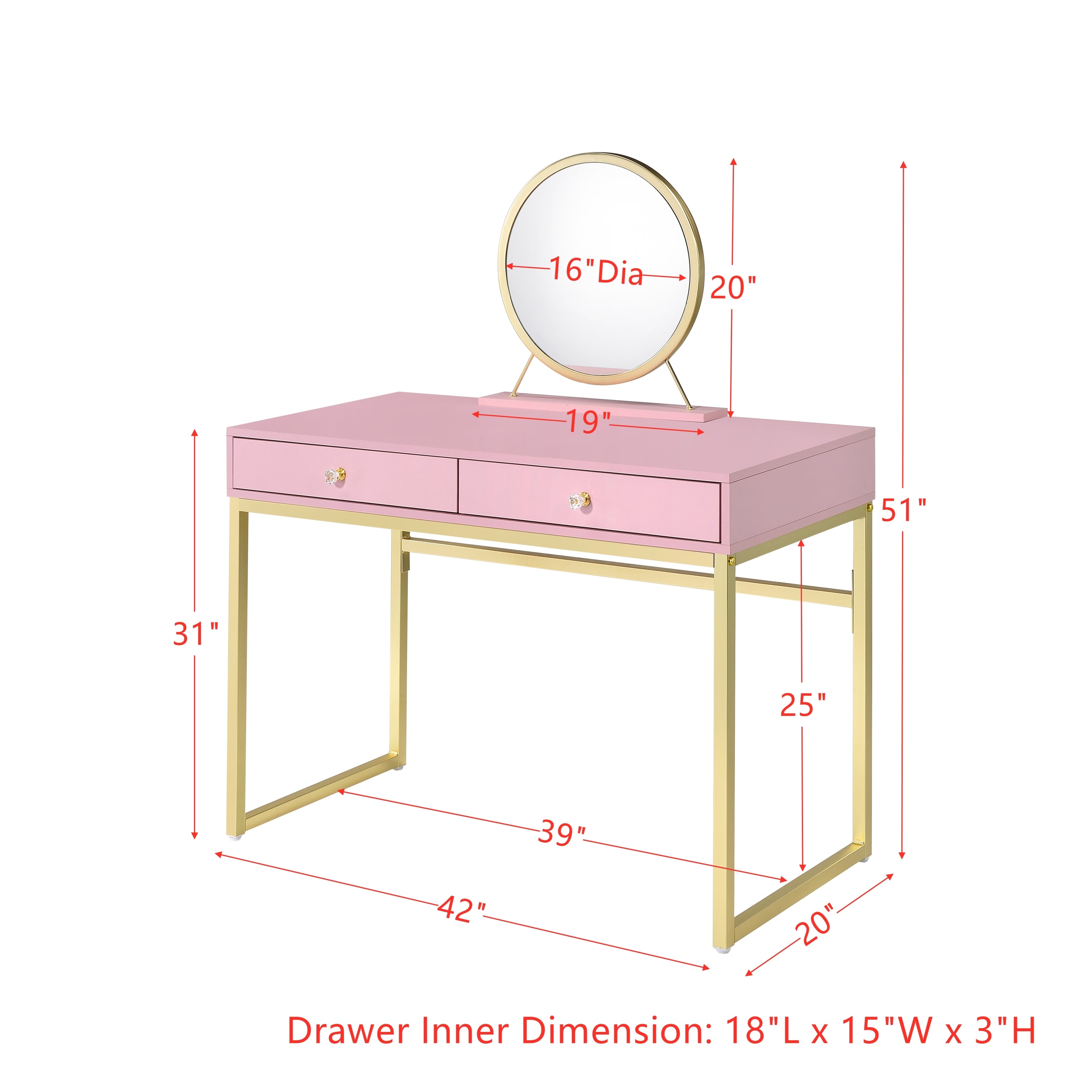 Coleen Vanity Desk w/Mirror & Jewelry Tray in Pink & Gold Finish