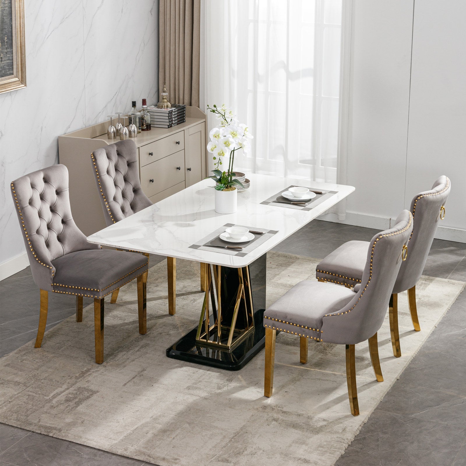 Tufted Solid Wood Contemporary Velvet Upholstered Dining Chair, Set of 2, Gray and Gold