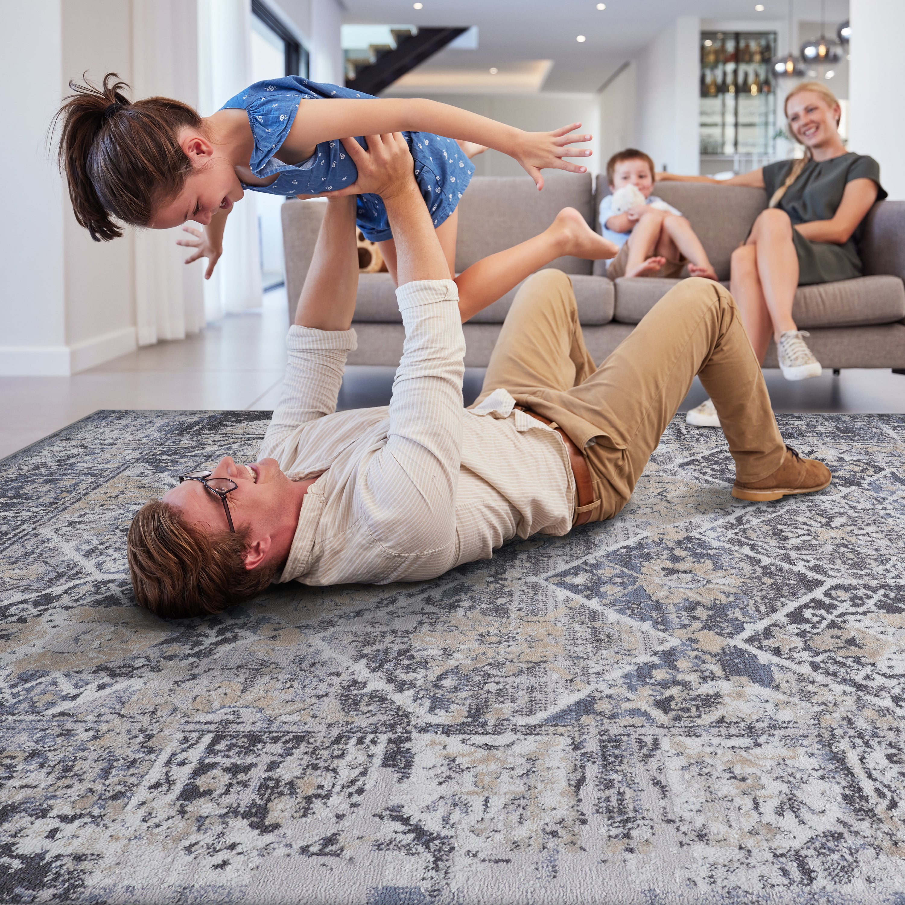 8X10 Grey/Blue /Traditional Non-Shedding and Stain Resistant Area Rug