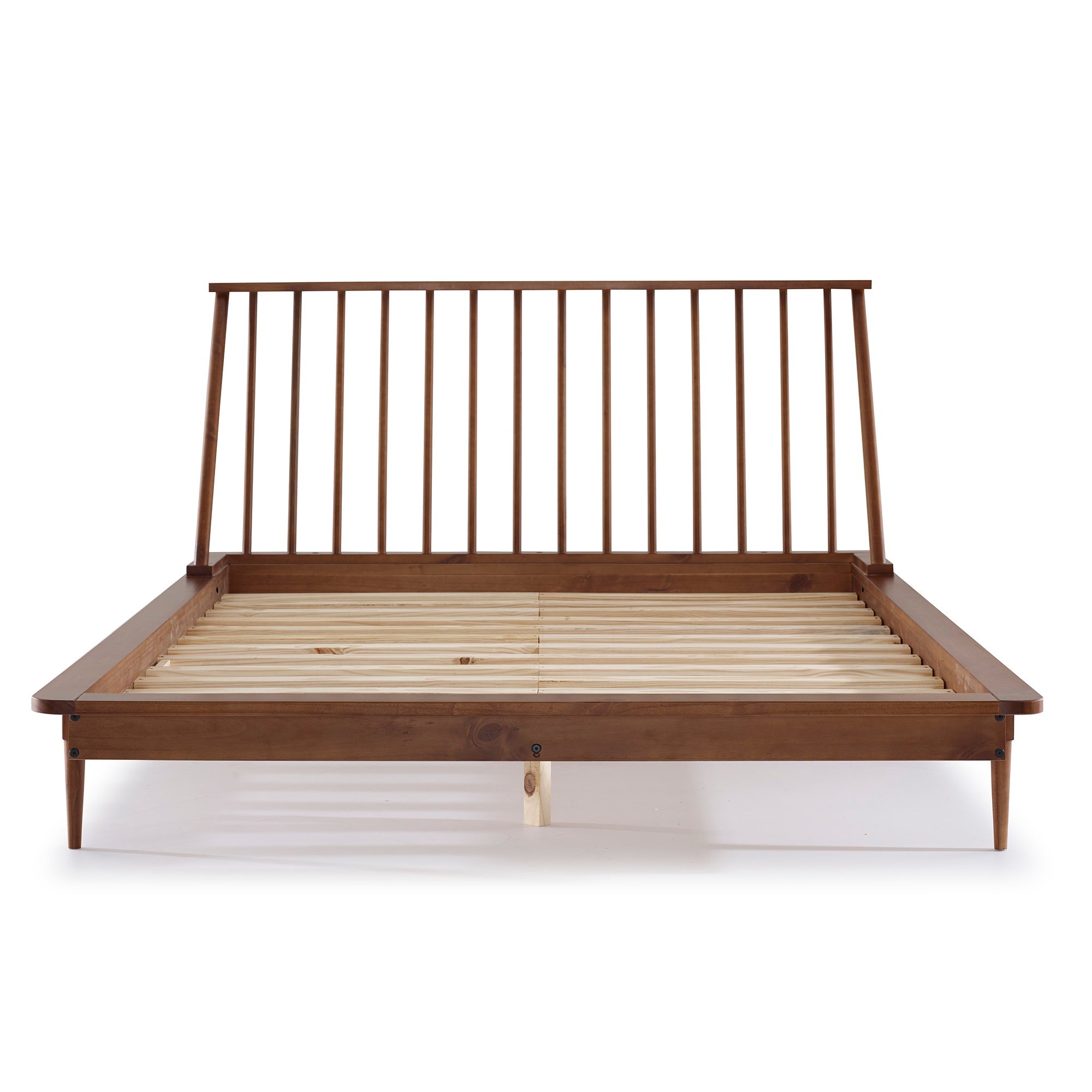 Mid-Century Modern Solid Wood Queen Platform Bed Frame with Spindle Headboard - Caramel