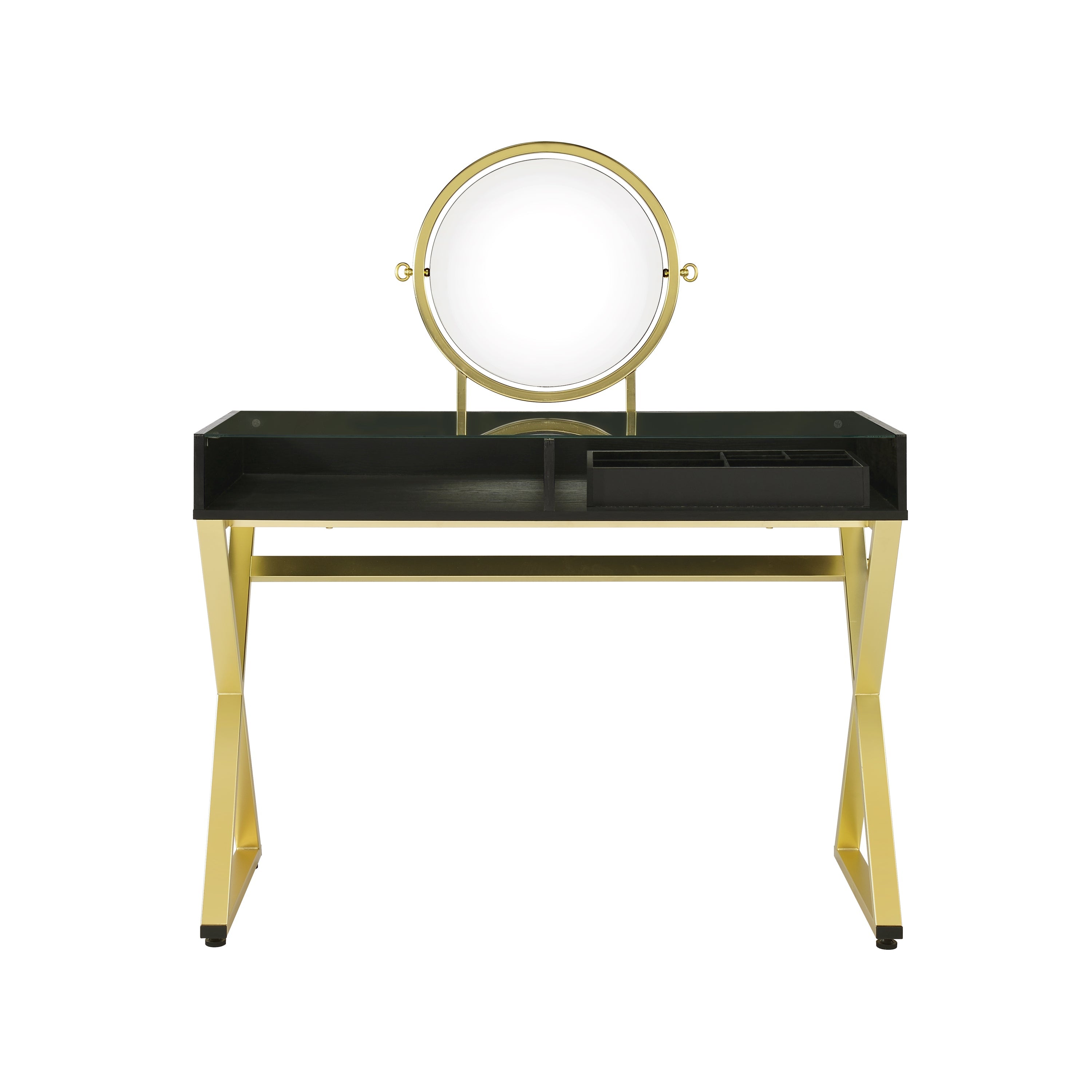 Coleen Vanity Desk w/Mirror & Jewelry Tray in Black & Gold Finish