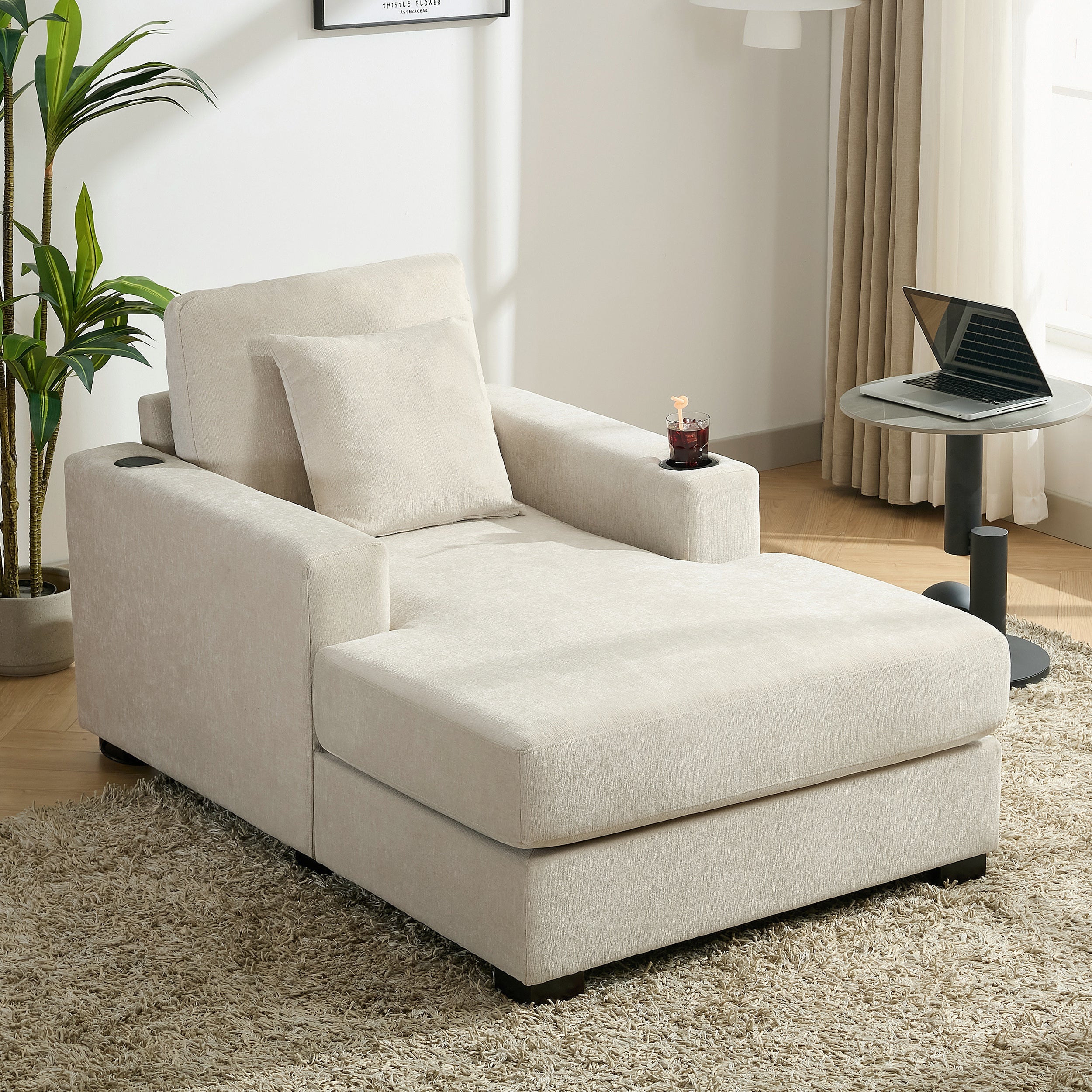 39.7" Oversized Chaise Lounger Modern Style Sofa Couch ,with Pillows, Charge Station & Cup Holders, Chenille Fabric, Cream