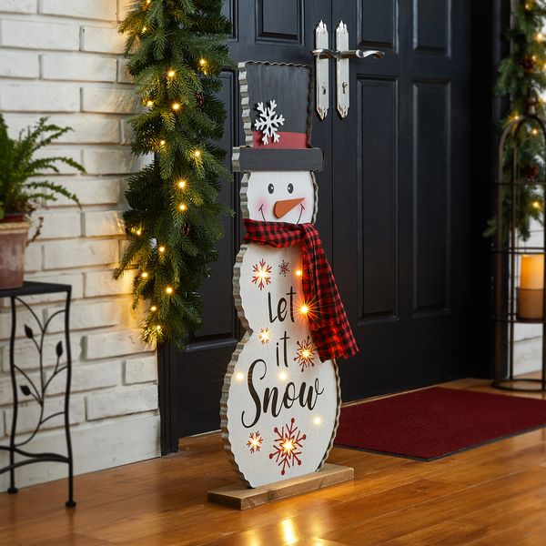 36"H Lighted Wooden Christmas Snowman Porch Décor  with Timer