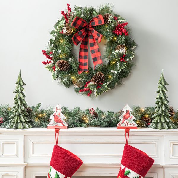 24" LED Christmas Wreath with Timer, Artificial Bowknot Wreath with Pinecones and Berry fo