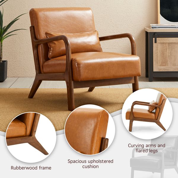 30.75''H Mid Century Refined Leatherette Accent Armchair With Rubber Wood Frame