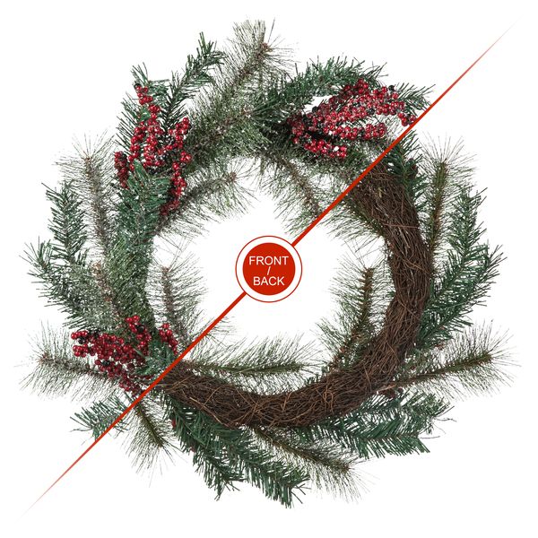 24'' Christmas Door Wreath, Artificial Holiday Wreath with Pine Needle & Berry, Holiday Ac