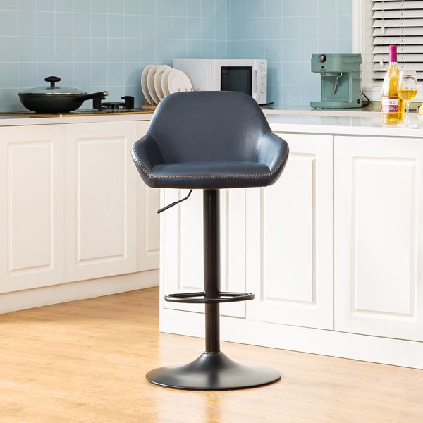 Modern Navy Blue Leatherette Gaslift Adjustable Swivel Bar Stool