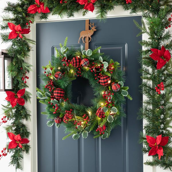 24"  Prelit Christmas Wreath, Berry Holly Pine Wreath, Holiday Xmas Hanging Decoration