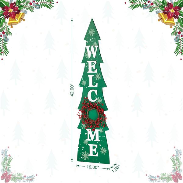 42"H Christmas Wooden "WELCOME" Christmas Tree Vertical Porch Sign with Berries Wreath