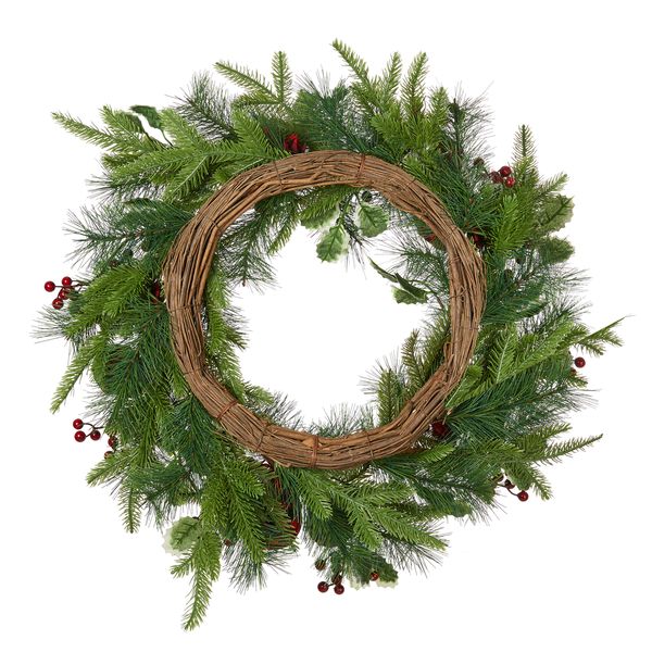 24"  Prelit Christmas Wreath, Berry Holly Pine Wreath, Holiday Xmas Hanging Decoration