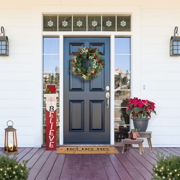 24" Christmas Wreath - Glitzhome Artificial Winter Christmas  Wreath, Front Door Christmas Wreath fo