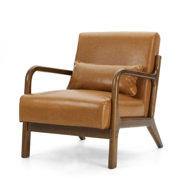 30.75''H Mid Century Refined Leatherette Accent Armchair With Rubber Wood Frame