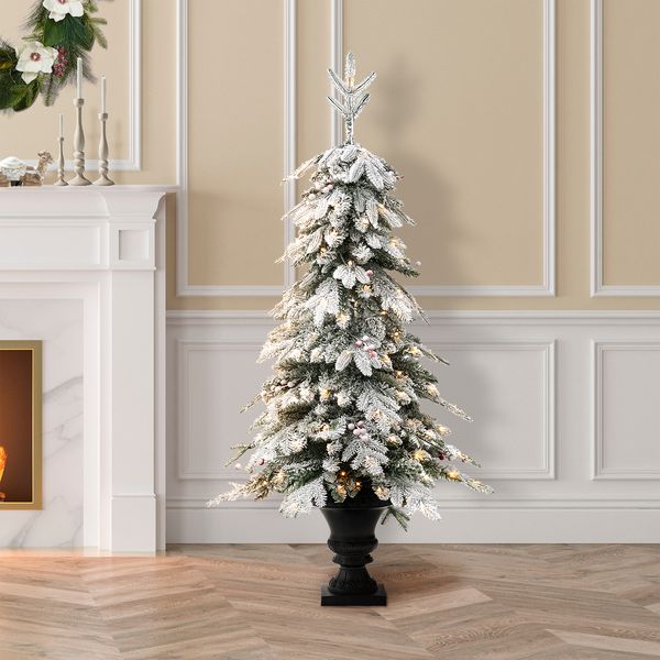 5FT Pre-Lit Flocked Fir Artificial Christmas Porch Tree with 150 Warm White Lights