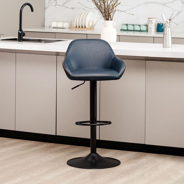 Modern Navy Blue Leatherette Gaslift Adjustable Swivel Bar Stool