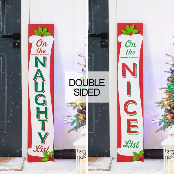 42”H Wood Double Sided Christmas "On the NAUGHTY/NICE List" Porch  Decor Sign