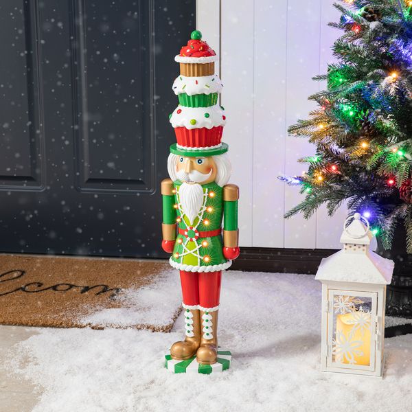 28''H Lighted Resin Christmas Nutcracker with Cupcake Hat Porch Decor with Timer