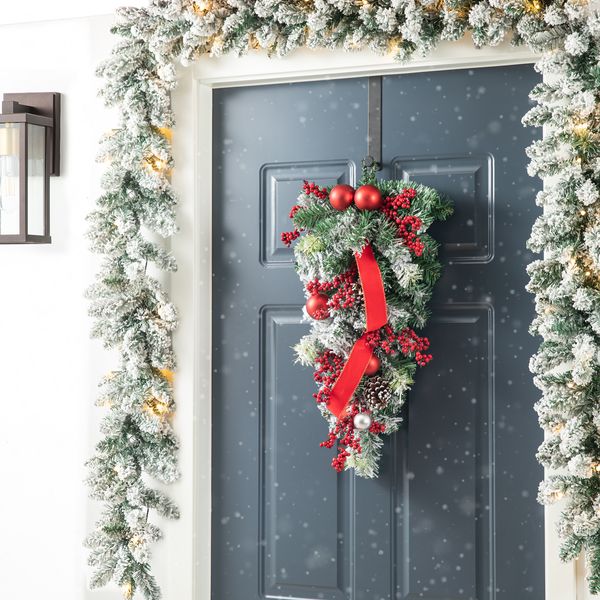 25'' Decorative Christmas Teardrop Swag, Artificial Holiday Swags Wreaths with Berry, Pinecone & Red