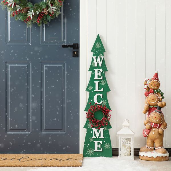 42"H Christmas Wooden "WELCOME" Christmas Tree Vertical Porch Sign with Berries Wreath