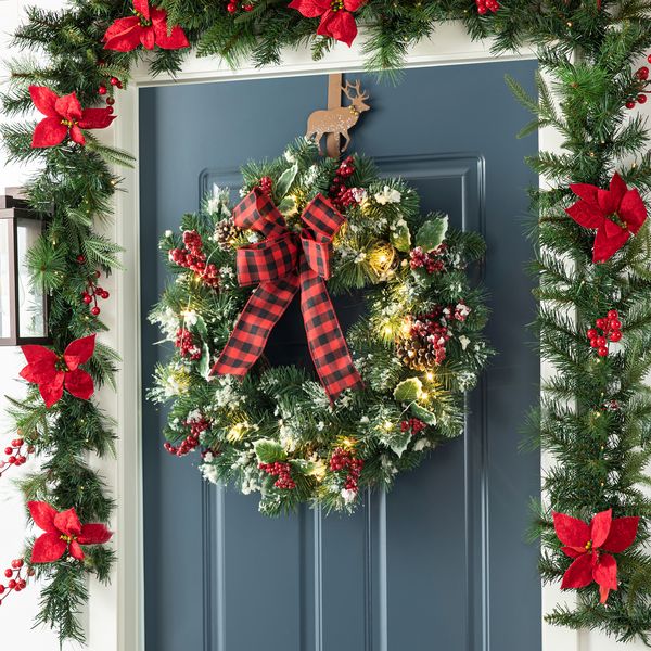 24" LED Christmas Wreath with Timer, Artificial Bowknot Wreath with Pinecones and Berry fo