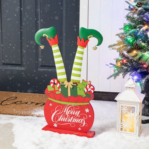 24.5"H Christmas Wooden/Metal Elf Legs in Gift Box Porch Decor