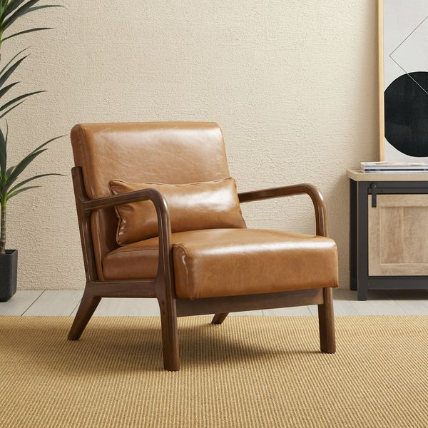 30.75''H Mid Century Refined Leatherette Accent Armchair With Rubber Wood Frame