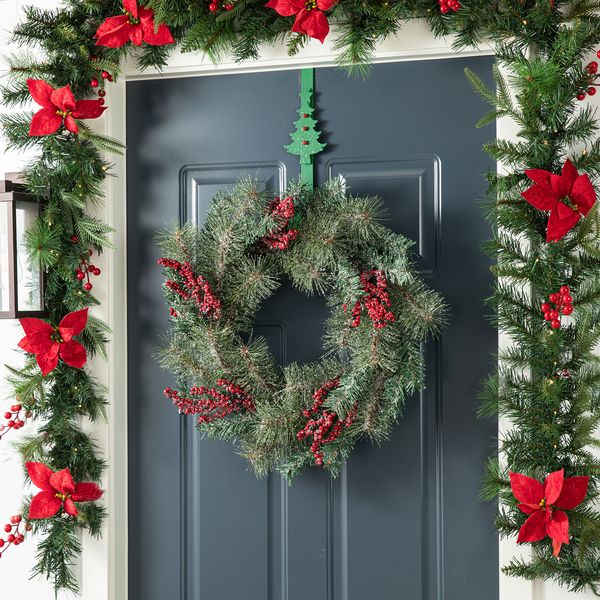 24'' Christmas Door Wreath, Artificial Holiday Wreath with Pine Needle & Berry, Holiday Ac