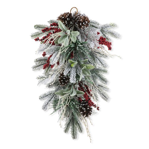 28 inch Christmas Teardrop Decoration Floral Swag, Flocked Pinecone & Berry Christmas Swag Wreath fo