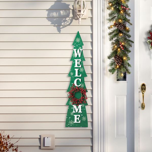 42"H Christmas Wooden "WELCOME" Christmas Tree Vertical Porch Sign with Berries Wreath