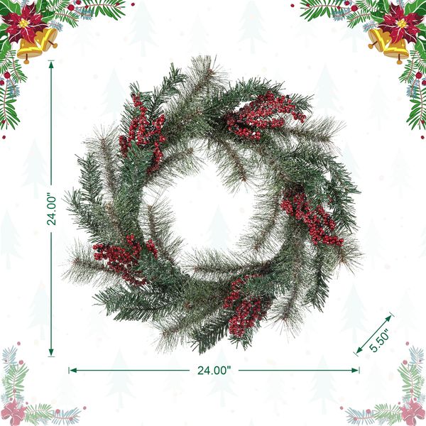 24'' Christmas Door Wreath, Artificial Holiday Wreath with Pine Needle & Berry, Holiday Ac