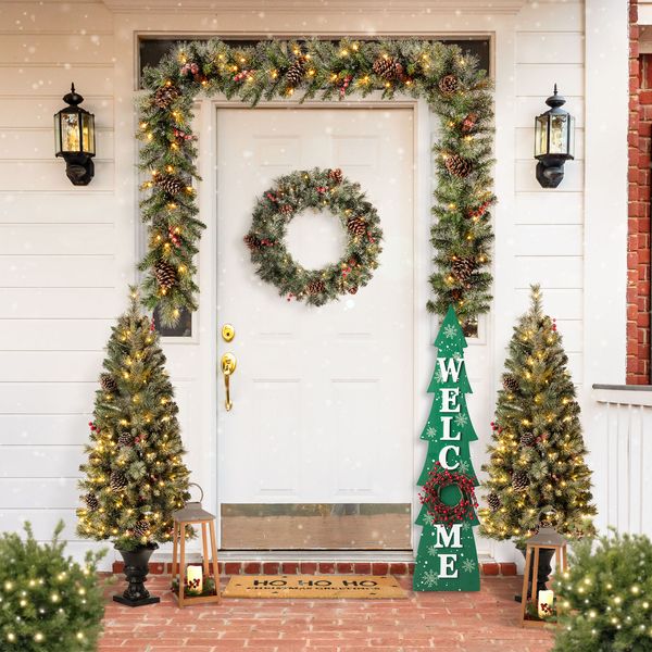 42"H Christmas Wooden "WELCOME" Christmas Tree Vertical Porch Sign with Berries Wreath