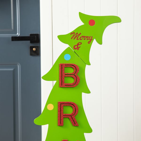 42"H Christmas Rustic Wooden Merry & Bright Bent Tree Vertical Porch Sign