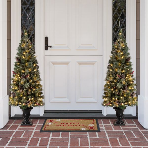 5ft Pre-Lit Flocked Pine Artificial Christmas Porch Tree with Warm White Lights