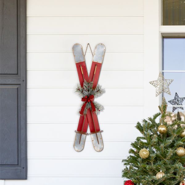 Glitzhome 35" H Red Wooden/Galvanized Christmas Ski Porch Signs Decor