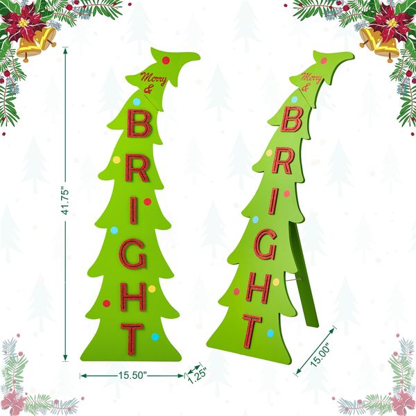 42"H Christmas Rustic Wooden Merry & Bright Bent Tree Vertical Porch Sign