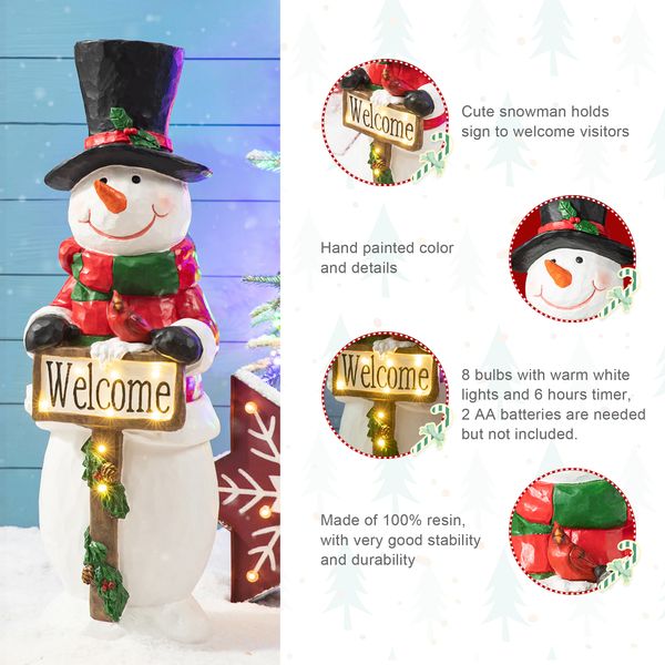 29.25"H Christmas Resin Snowman Porch Decor with 8 Warm Lights and Timer