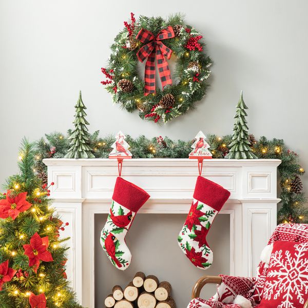 24" LED Christmas Wreath with Timer, Artificial Bowknot Wreath with Pinecones and Berry fo