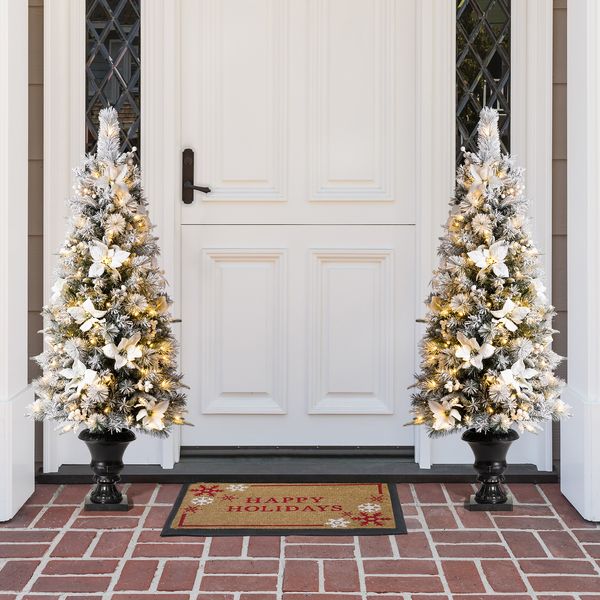 5ft Pre-Lit Flocked Pine Artificial Christmas Porch Tree with Warm White Lights