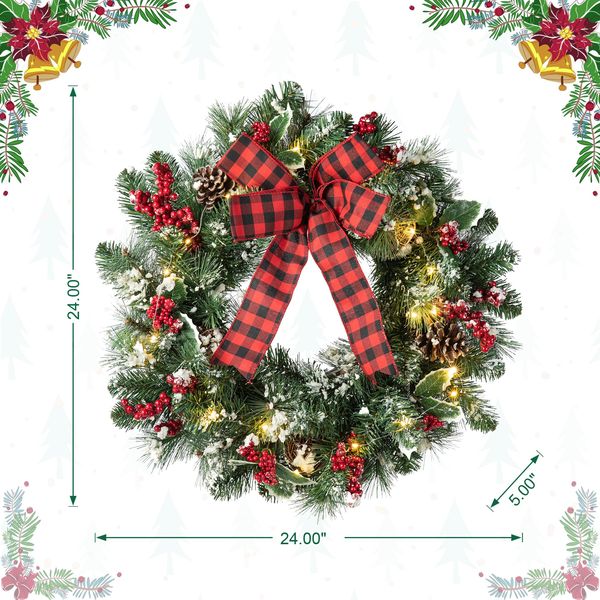 24" LED Christmas Wreath with Timer, Artificial Bowknot Wreath with Pinecones and Berry fo