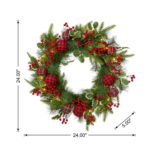 24"  Prelit Christmas Wreath, Berry Holly Pine Wreath, Holiday Xmas Hanging Decoration