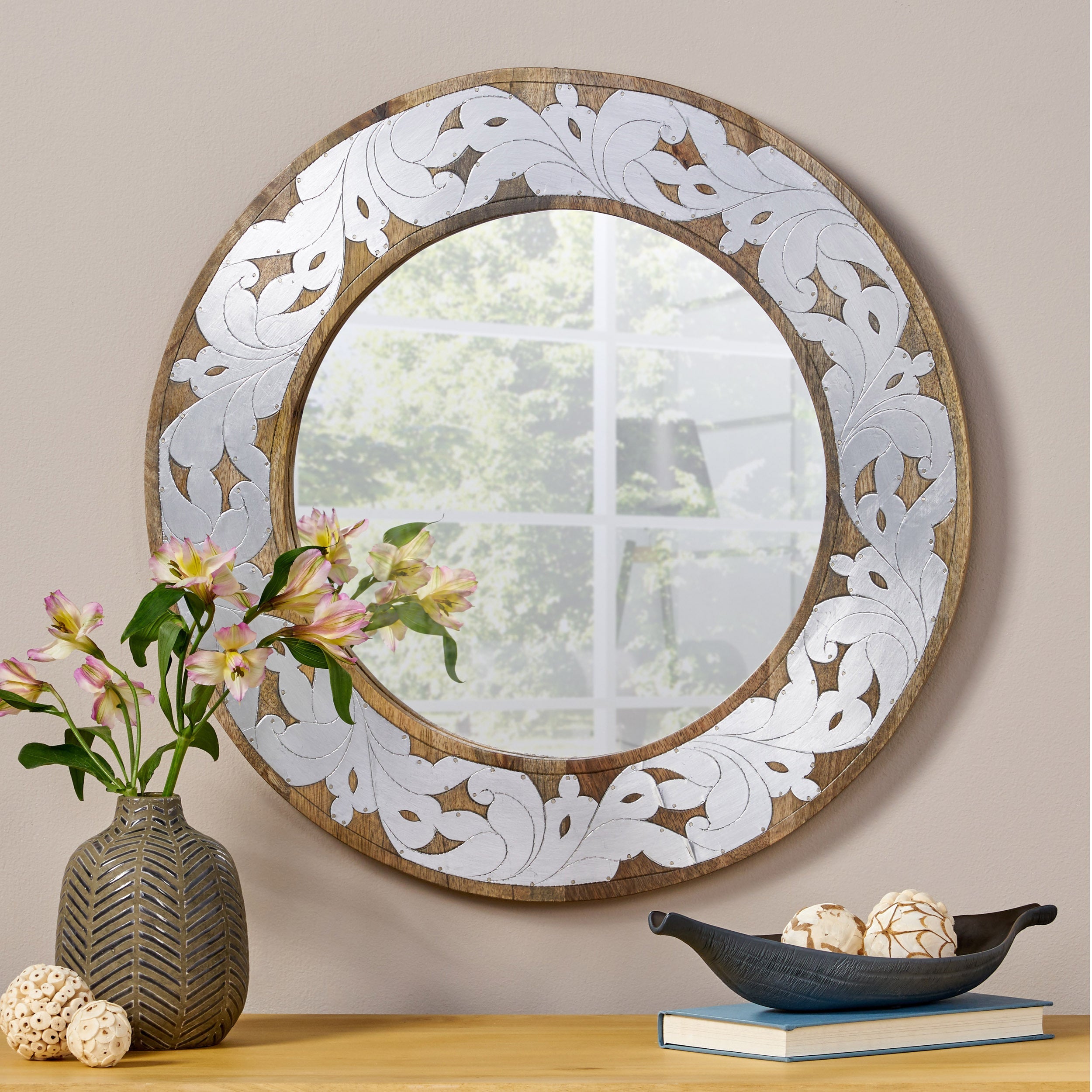 MANGO WOOD  / ALUMINIUM FITTED  ROUND MIRROR