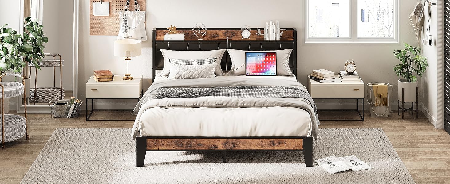 Floating Bed Frame with Storage Headboard & Charging Port