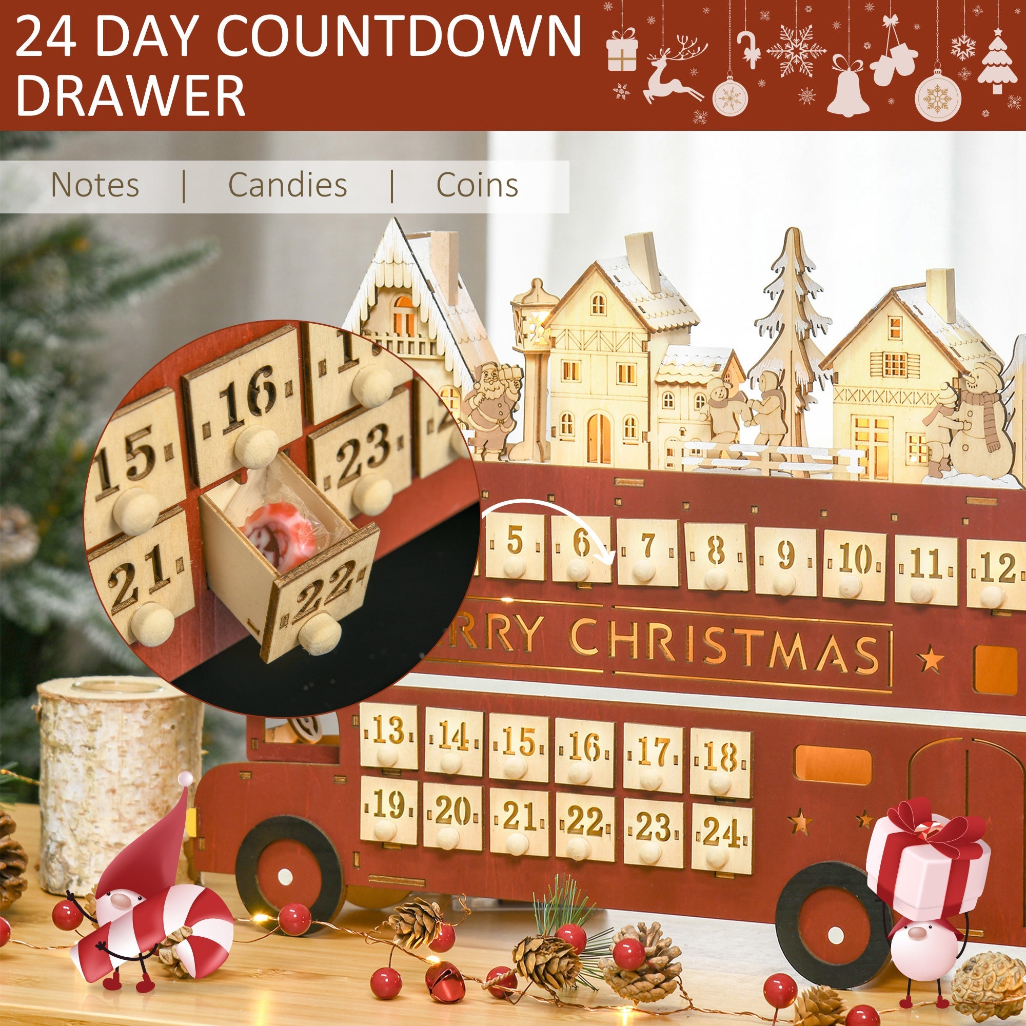 Christmas Bust Advent Calendar, Light Up Wooden Bus Holiday with Countdown Drawer