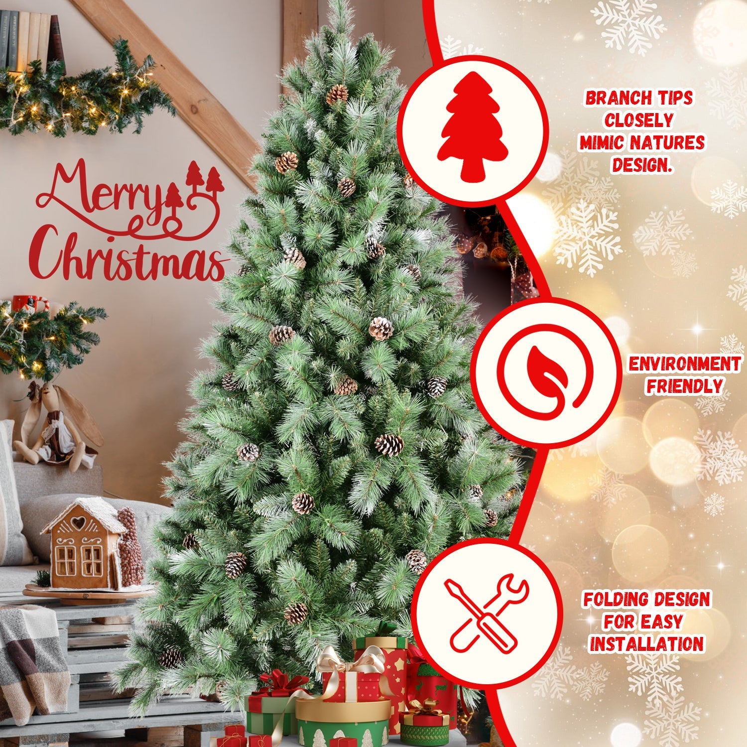 8FT Scotch Pine Christmas Tree, Premium Frosted Pre-Decorated Artificial Holiday Decor w/ 1,858 Branch Tips