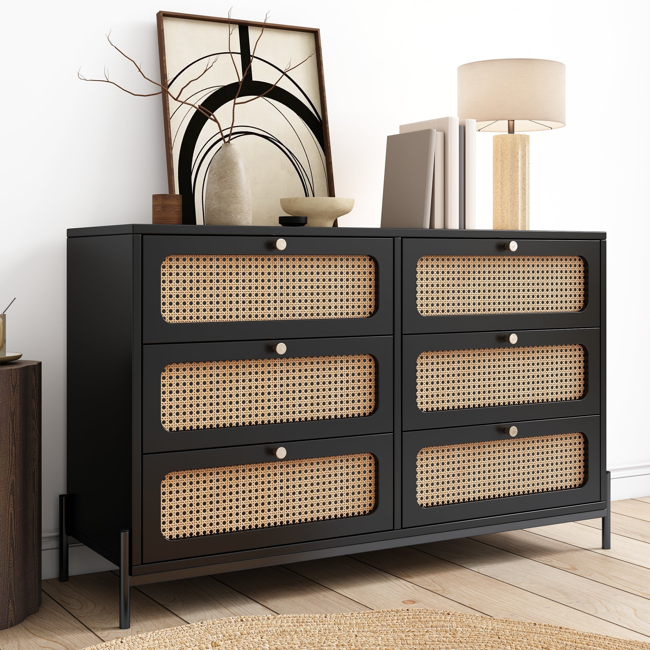 Modern Cannage Rattan Wood Closet 6-Drawer Dresser Wood Storage Cabinet Sideboard for Bedroom