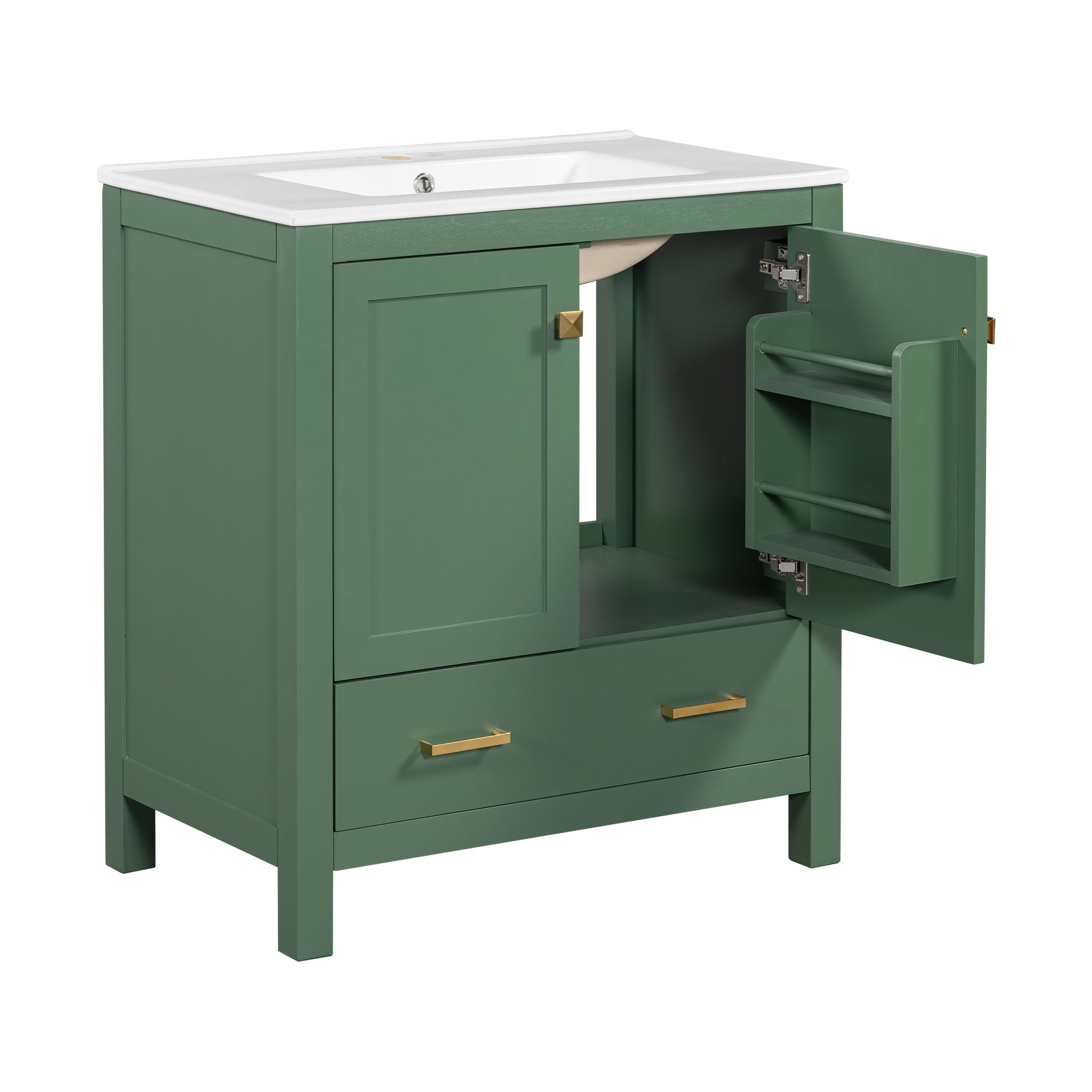 30" Green Bathroom Vanity with Single Sink, Storage Cabinet with 2 Doors and a Drawer, Soft Closure