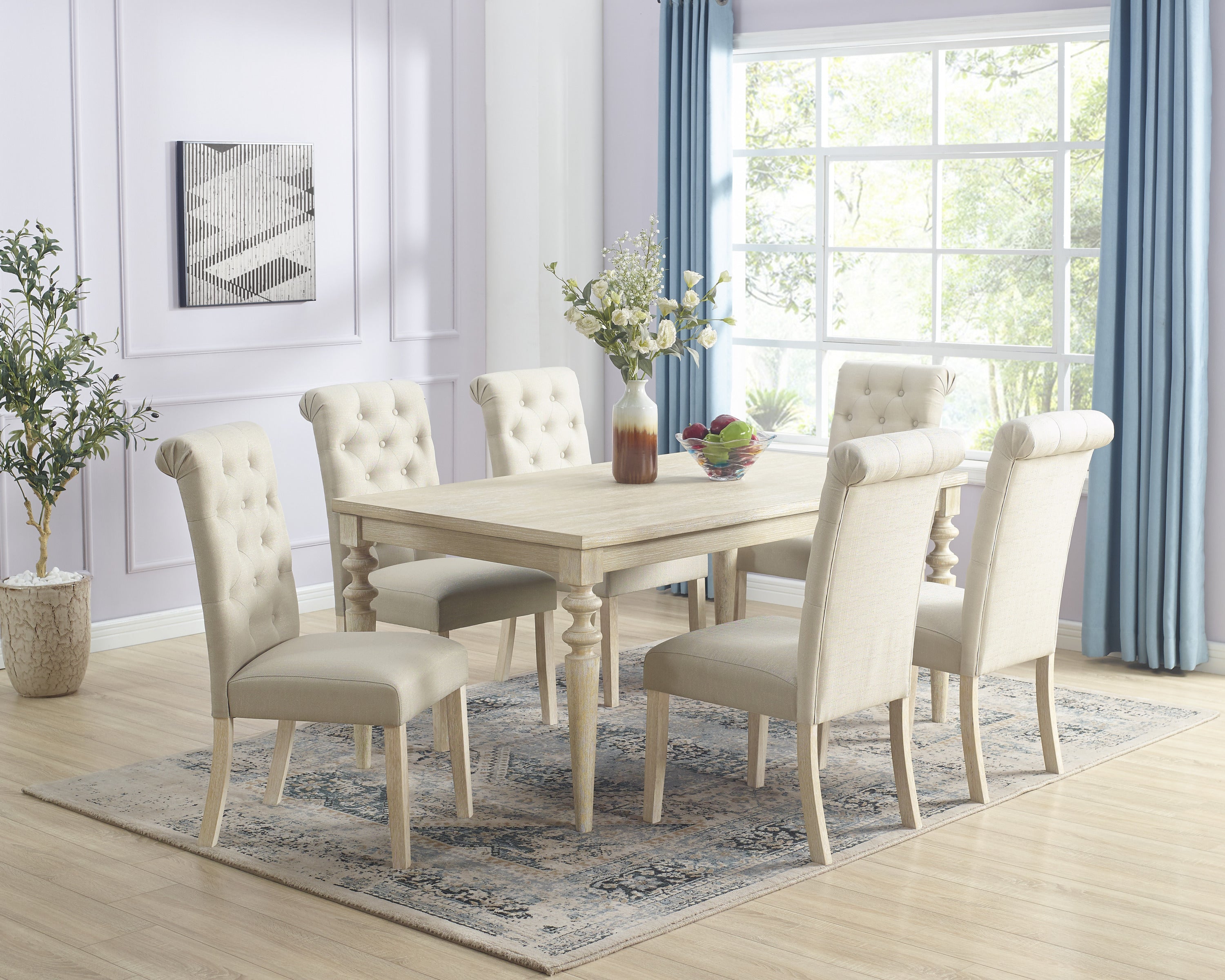 7-piece Dining Set, Turned-Leg Dining Table with 6 Tufted Chairs