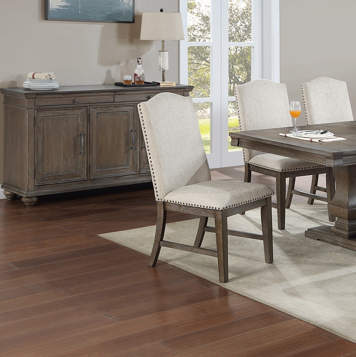 2pc Side Chairs Upholstered Back Oak Finish Nailhead Trim
