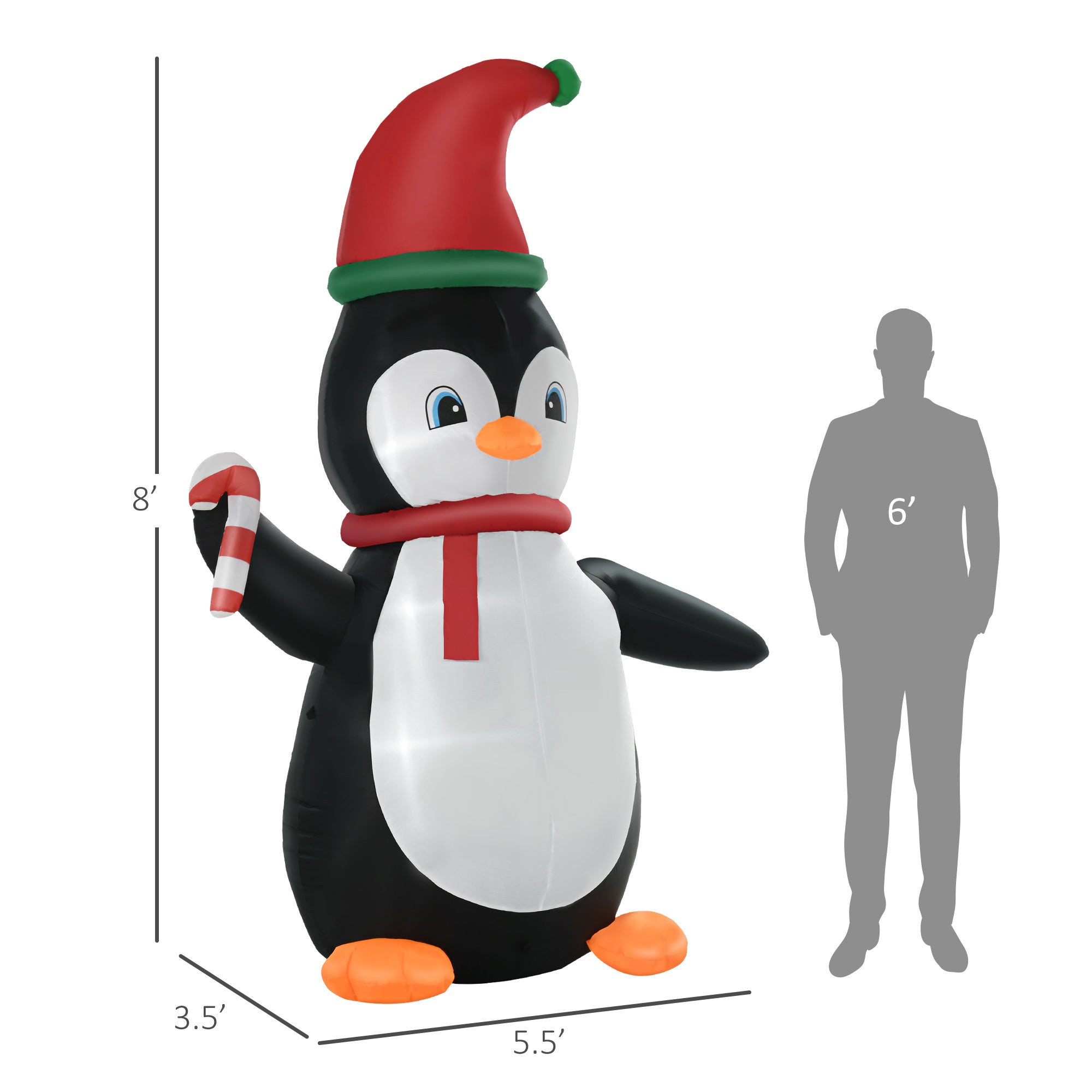 8ft   Penguin with Candy Cane, Blow-Up Yard  with LED Lights Display-Christmas Inflatable