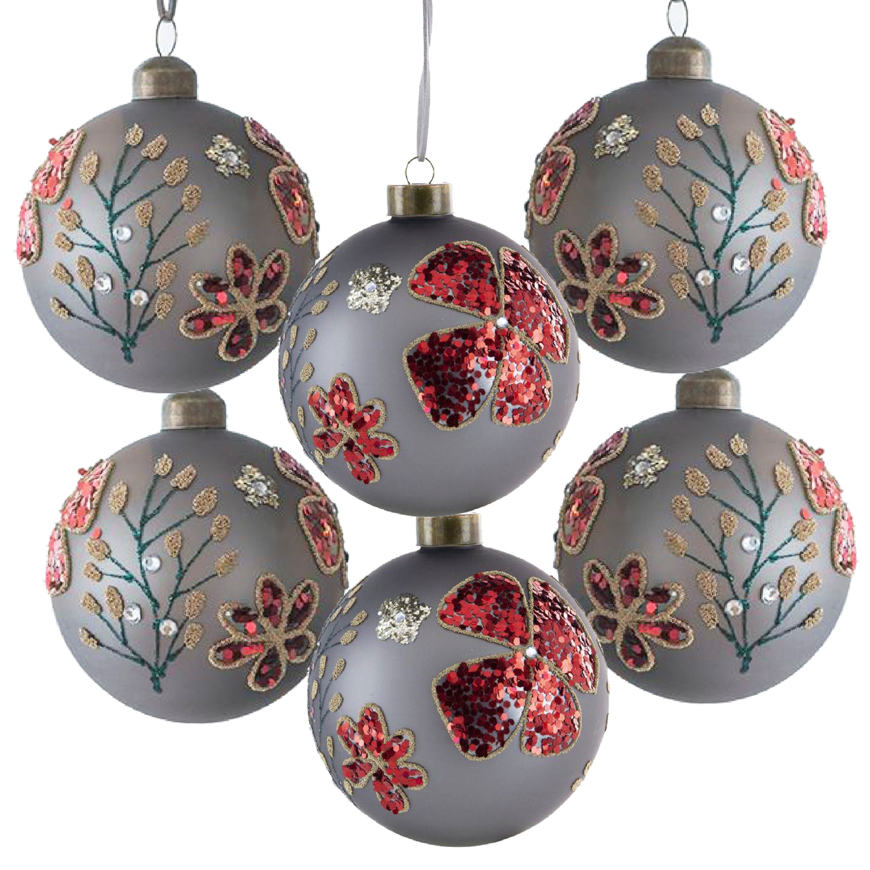 Silver Floral Christmas Ball Ornaments, Set of 6